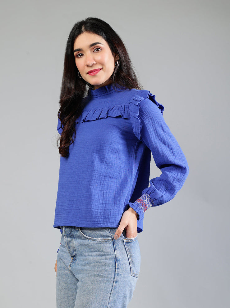 Royal Blue Cotton Top With Color Ful Detailing On Sleeve