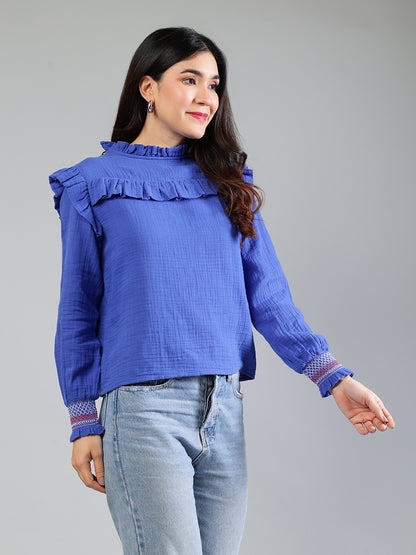 Royal Blue Cotton Top With Color Full Detailing On Sleeve