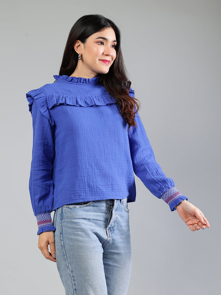 Royal Blue Cotton Top With Color Ful Detailing On Sleeve