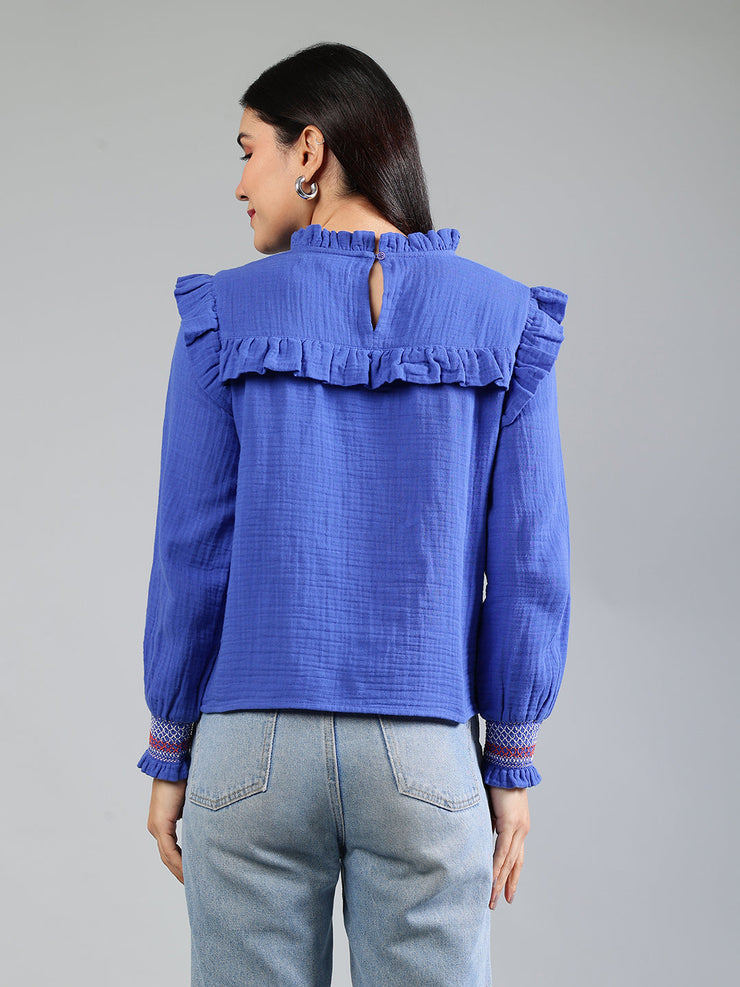 Royal Blue Cotton Top With Color Ful Detailing On Sleeve