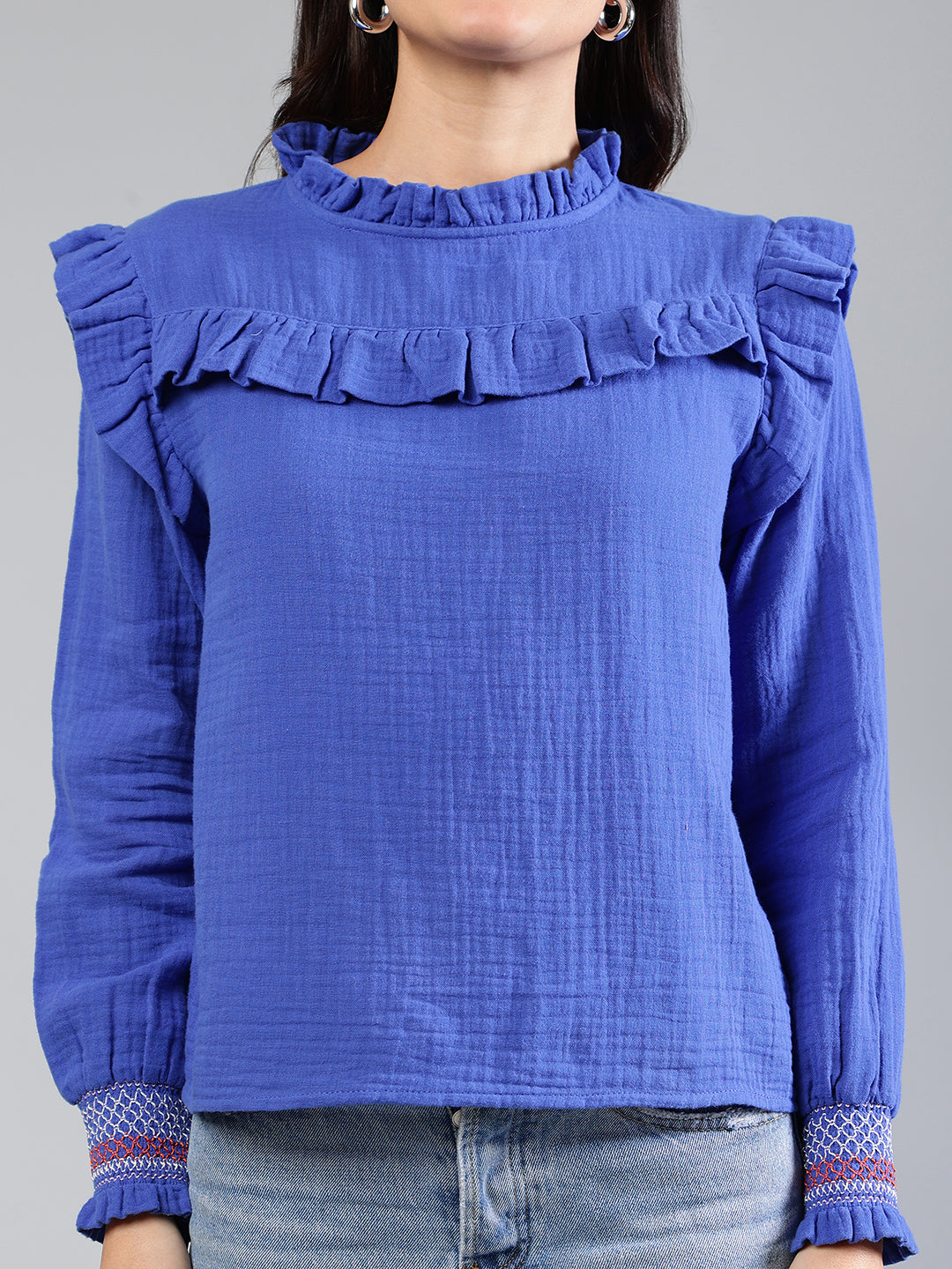 Royal Blue Cotton Top With Color Full Detailing On Sleeve