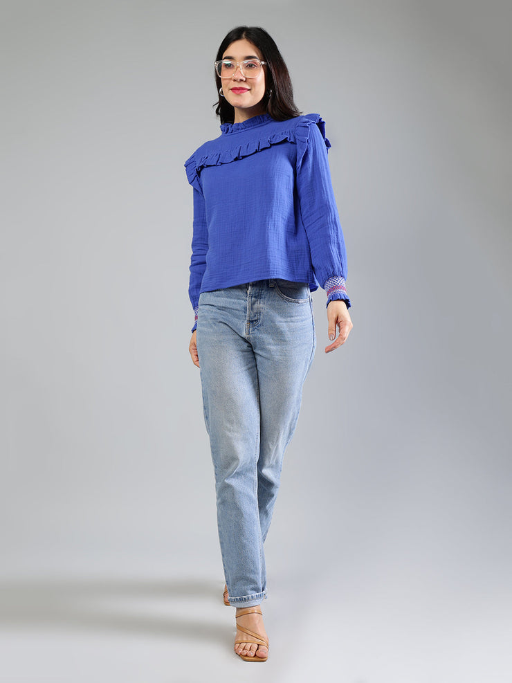 Royal Blue Cotton Top With Color Ful Detailing On Sleeve