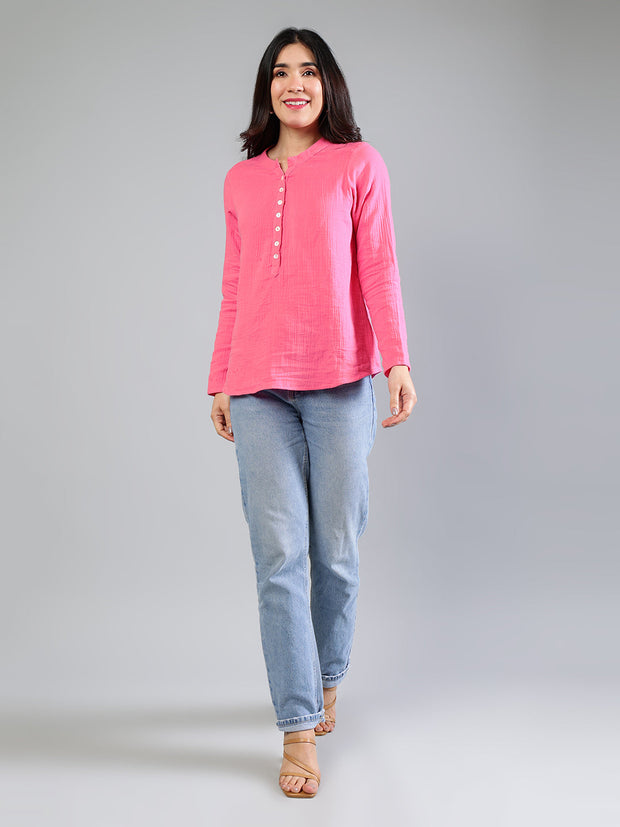 Pink Cotton Top With Button Detailing