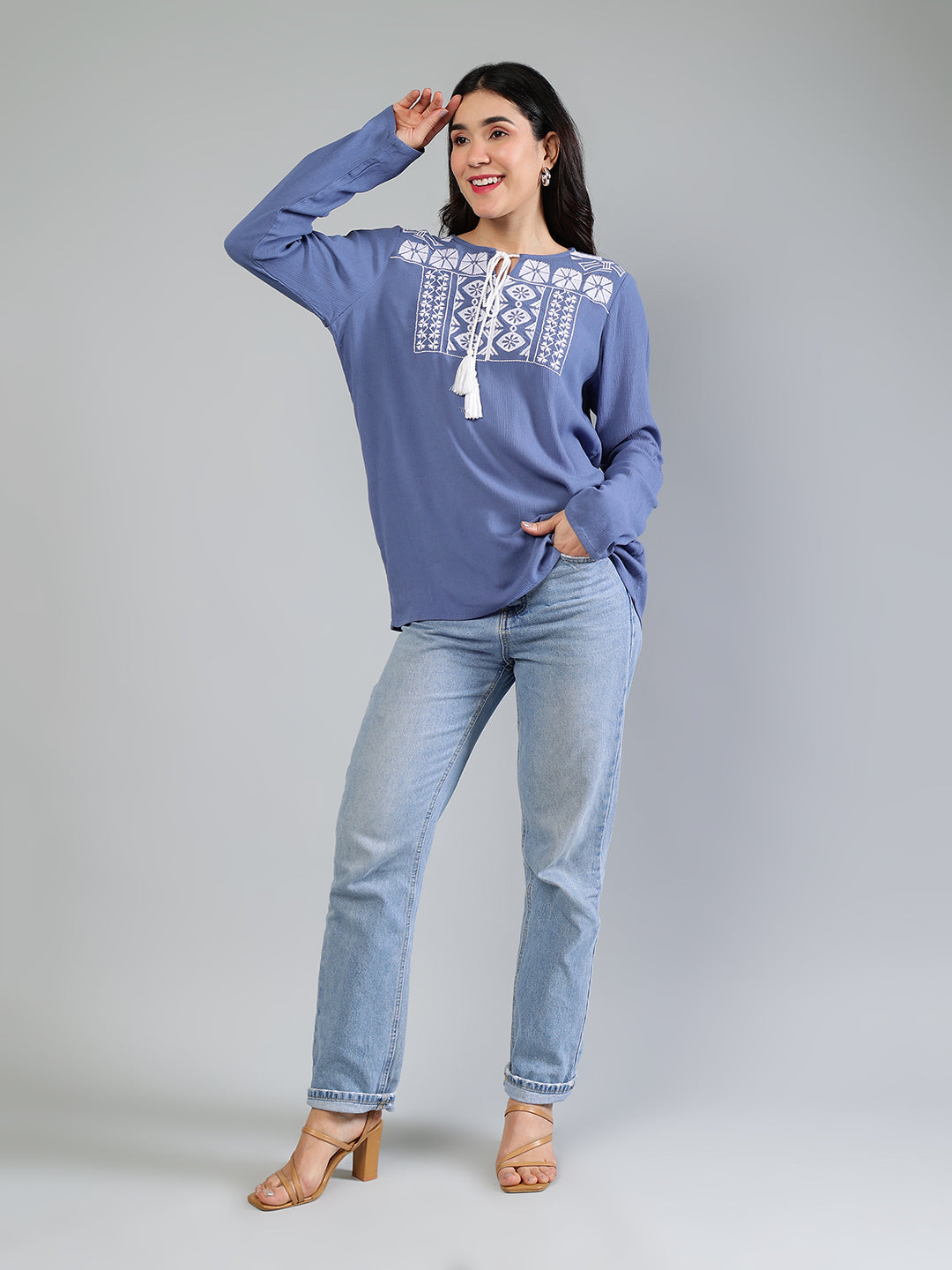 Blue Embroidered Top In Rayon Crepe