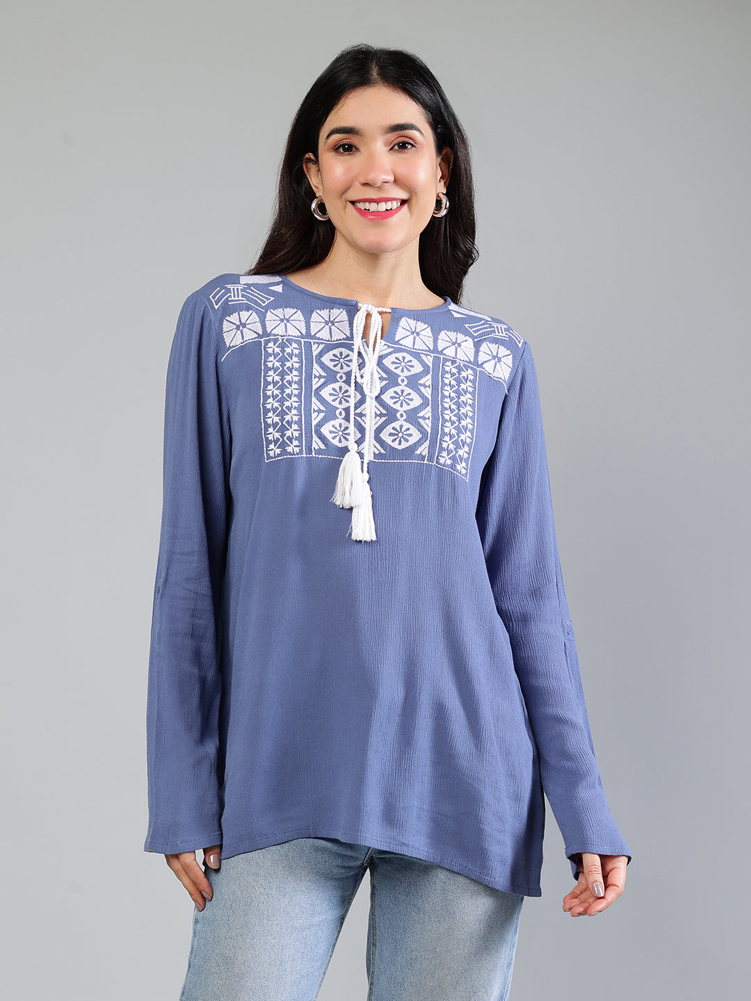 Blue Embroidered Top In Rayon Crepe