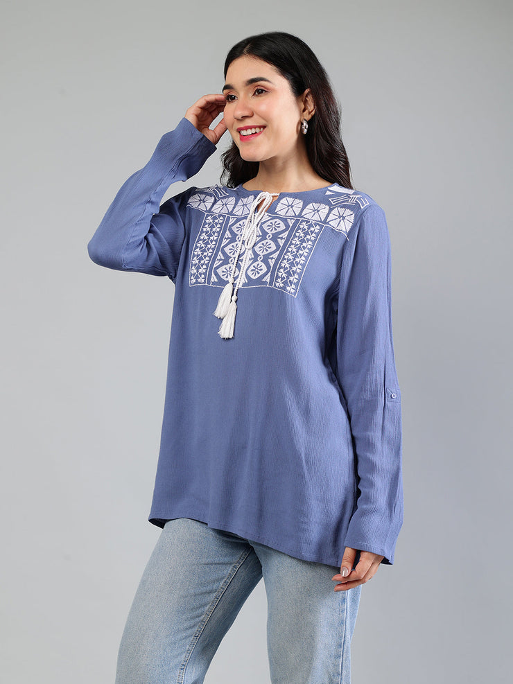 Blue Embroidered Top In Rayon Crepe