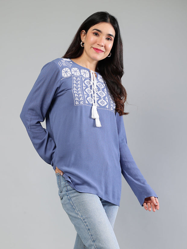 Blue Embroidered Top In Rayon Crepe