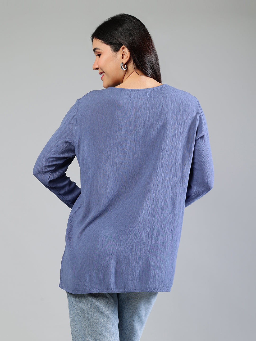 Blue Embroidered Top In Rayon Crepe