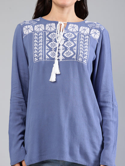 Blue Embroidered Top In Rayon Crepe