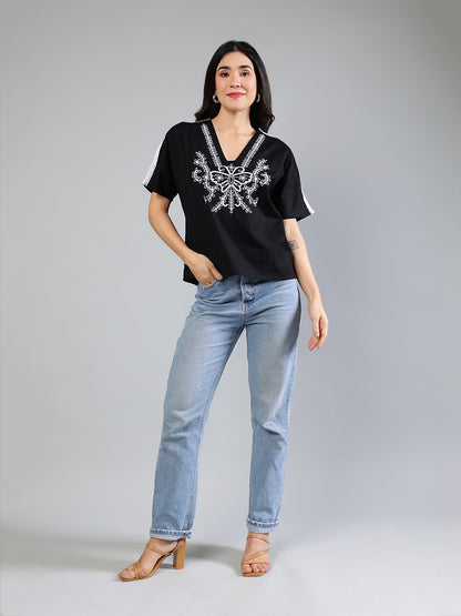 Black Cotton Top With Embroidery And Lace Detailing