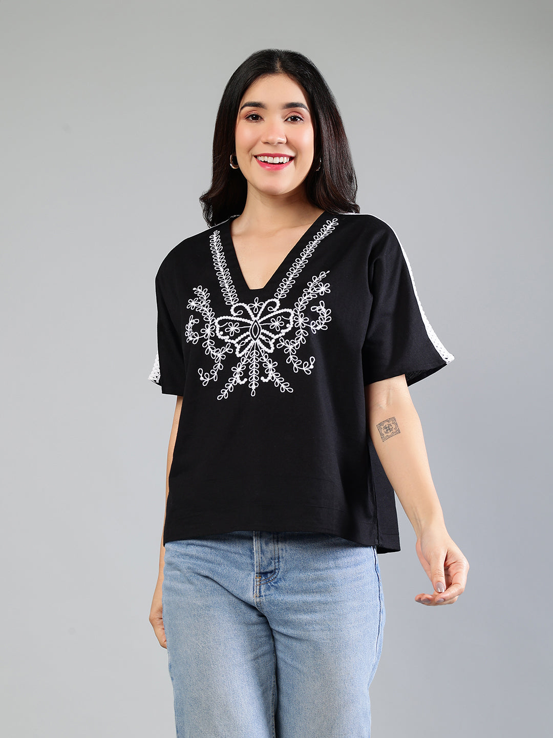 Black Cotton Top With Embroidery And Lace Detailing