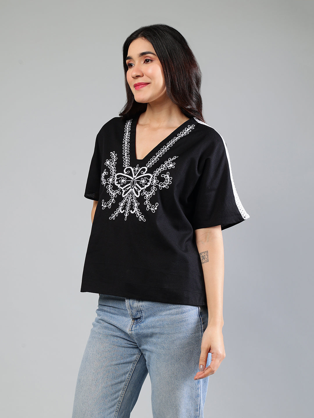 Black Cotton Top With Embroidery And Lace Detailing