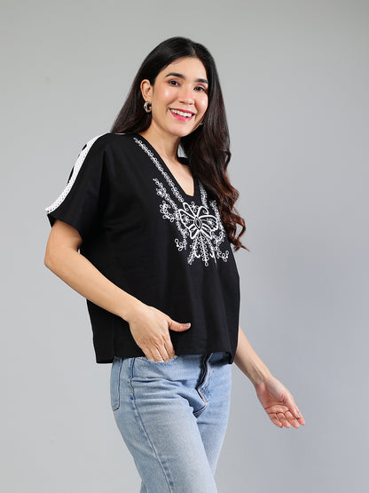 Black Cotton Top With Embroidery And Lace Detailing