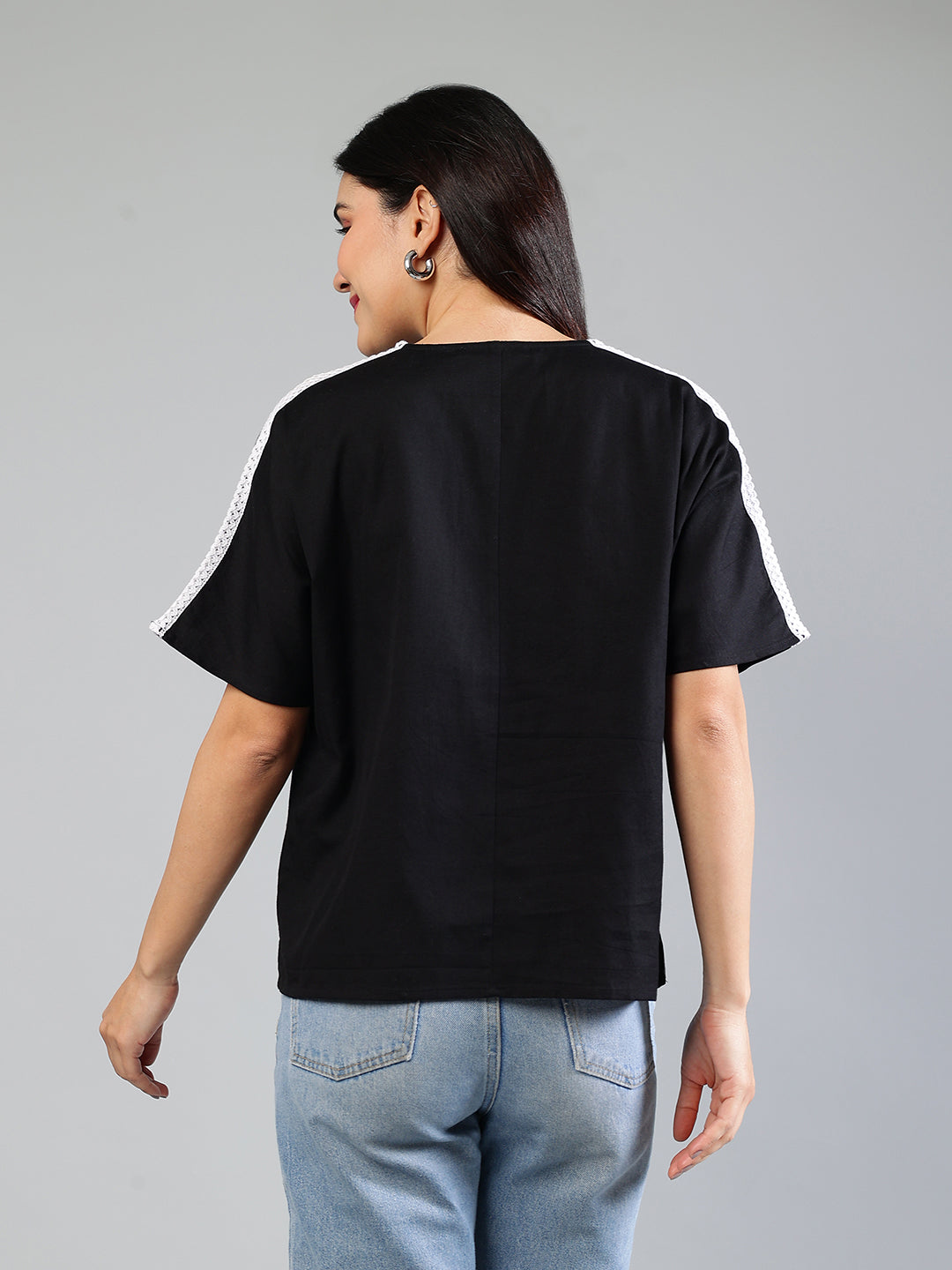 Black Cotton Top With Embroidery And Lace Detailing