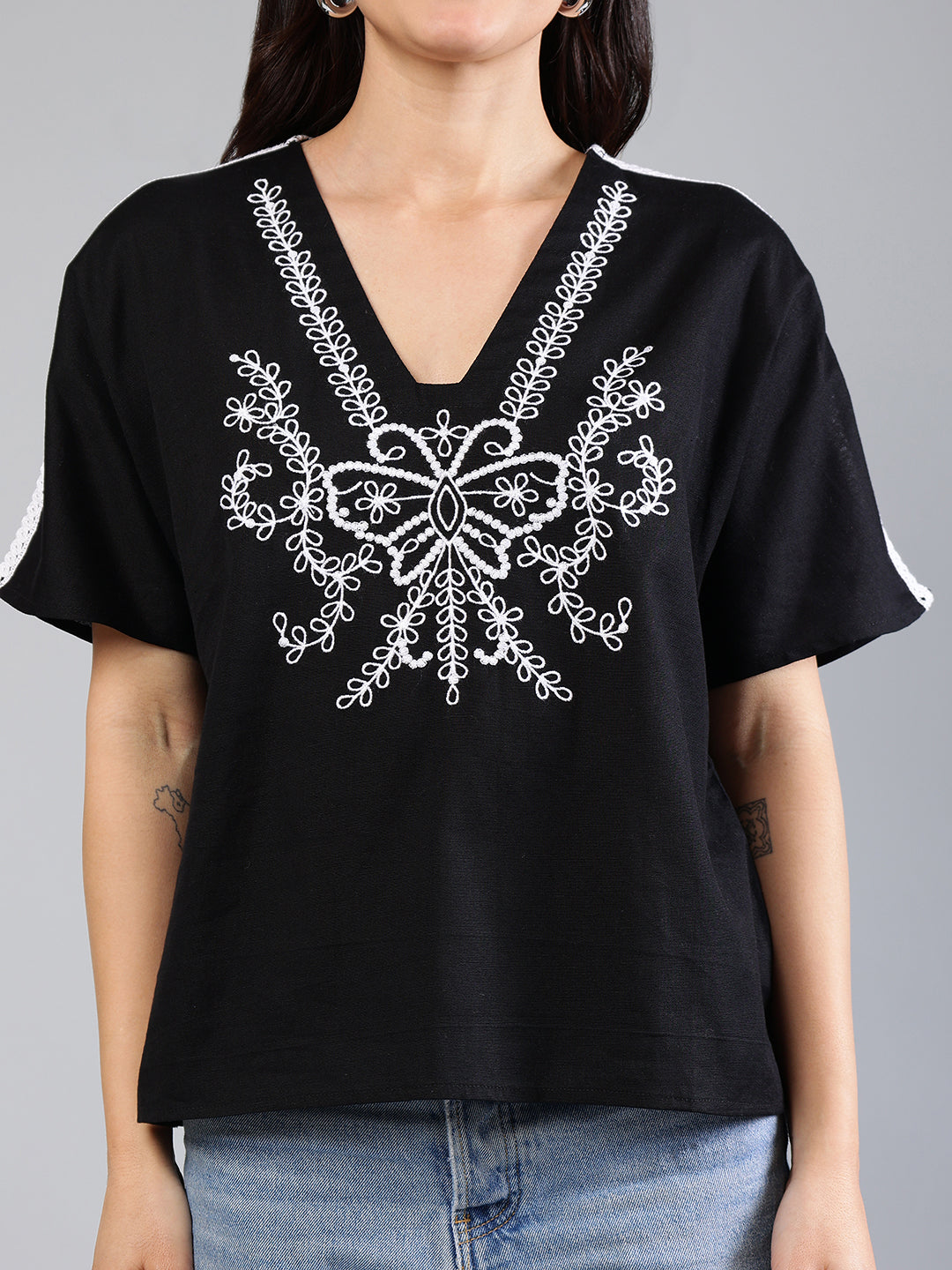 Black Cotton Top With Embroidery And Lace Detailing