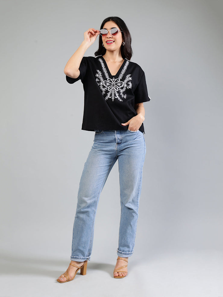 Black Cotton Top With Embroidery And Lace Detailing