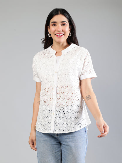 White Cotton Schiffli Shirt