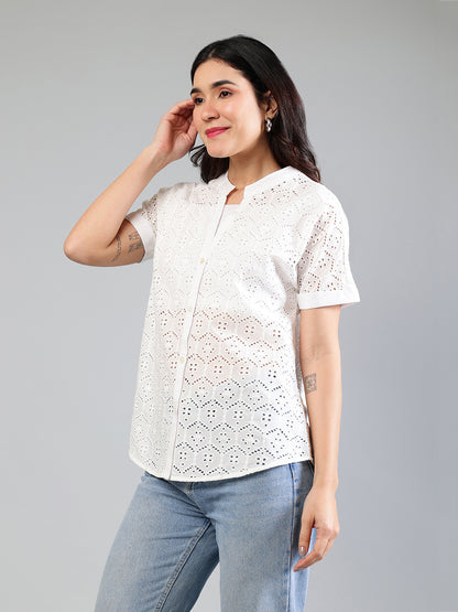 White Cotton Schiffli Shirt