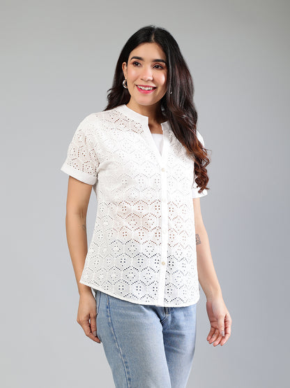 White Cotton Schiffli Shirt