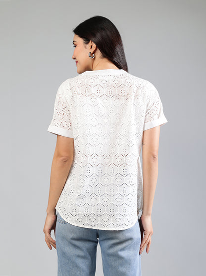 White Cotton Schiffli Shirt