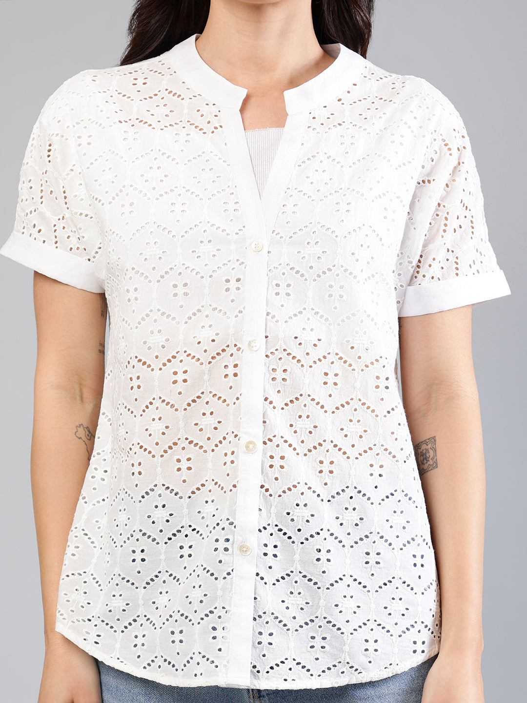 White Cotton Schiffli Shirt