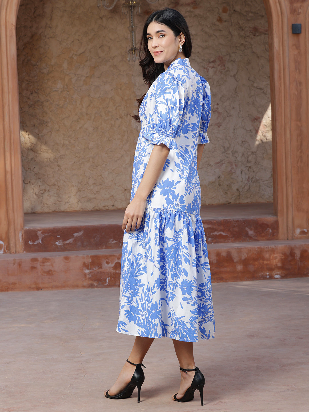 Blue Floral Tiered Dress