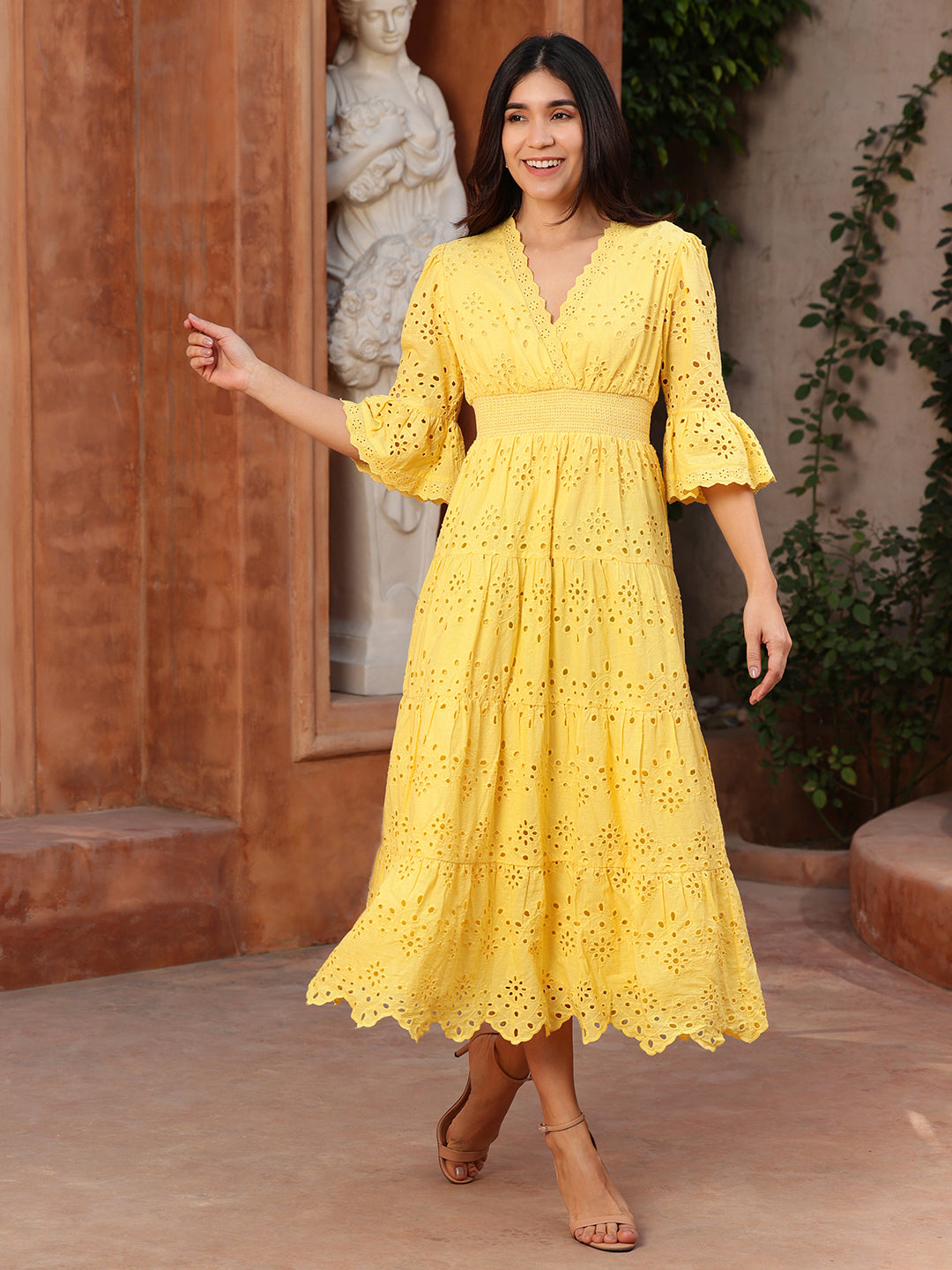 Yellow Schiffli Smocked Waist Maxi Dress