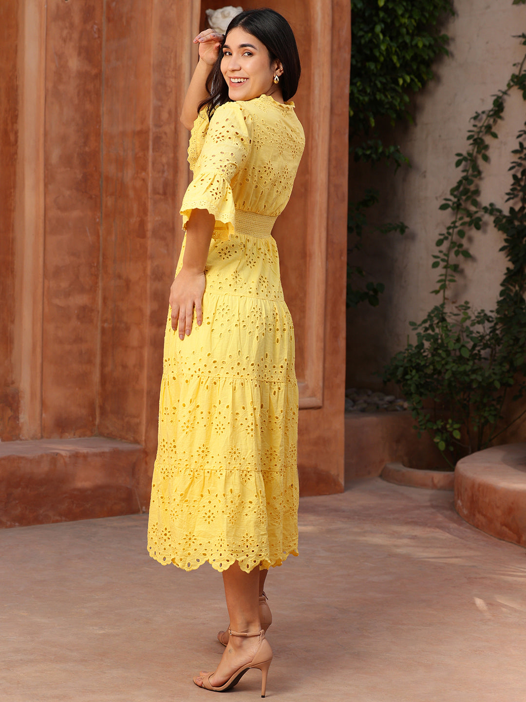 Yellow Schiffli Smocked Waist Maxi Dress