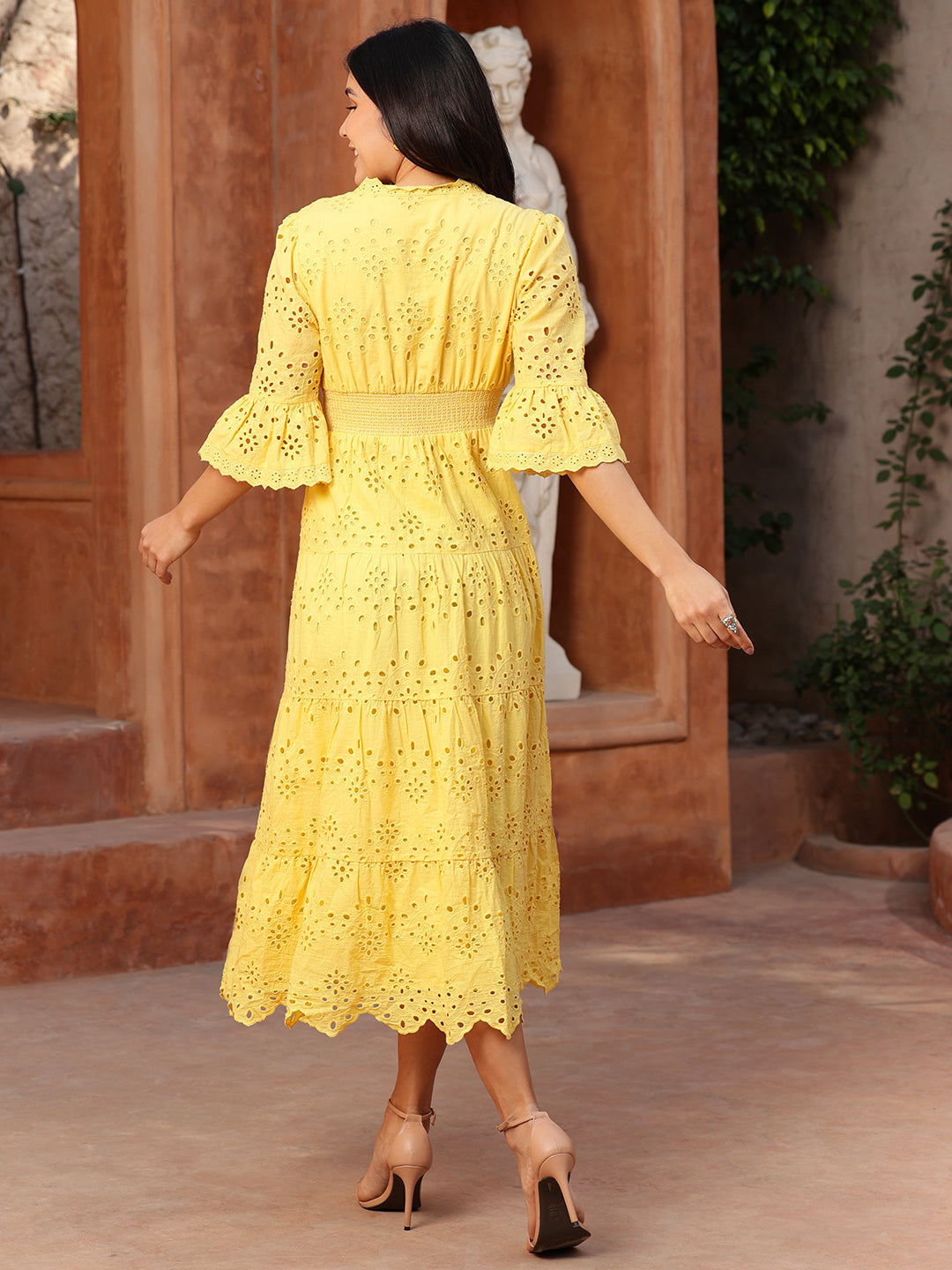 Yellow Schiffli Smocked Waist Maxi Dress