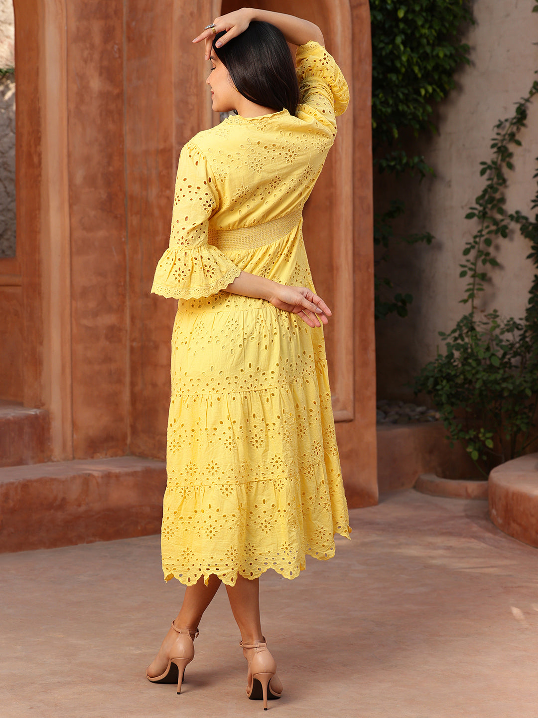 Yellow Schiffli Smocked Waist Maxi Dress