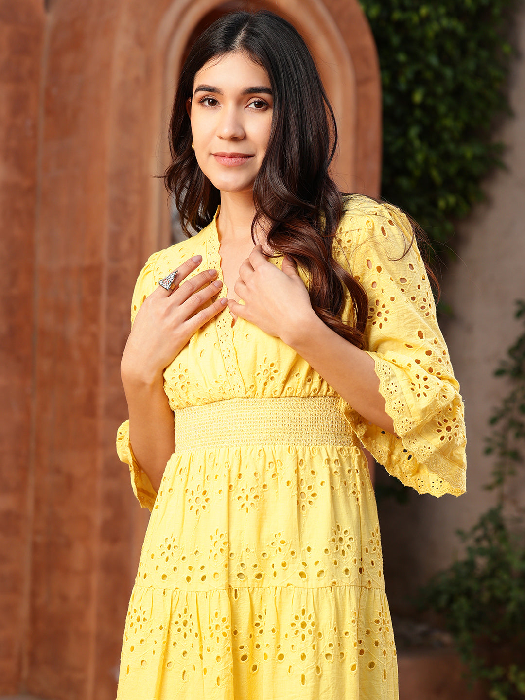 Yellow Schiffli Smocked Waist Maxi Dress