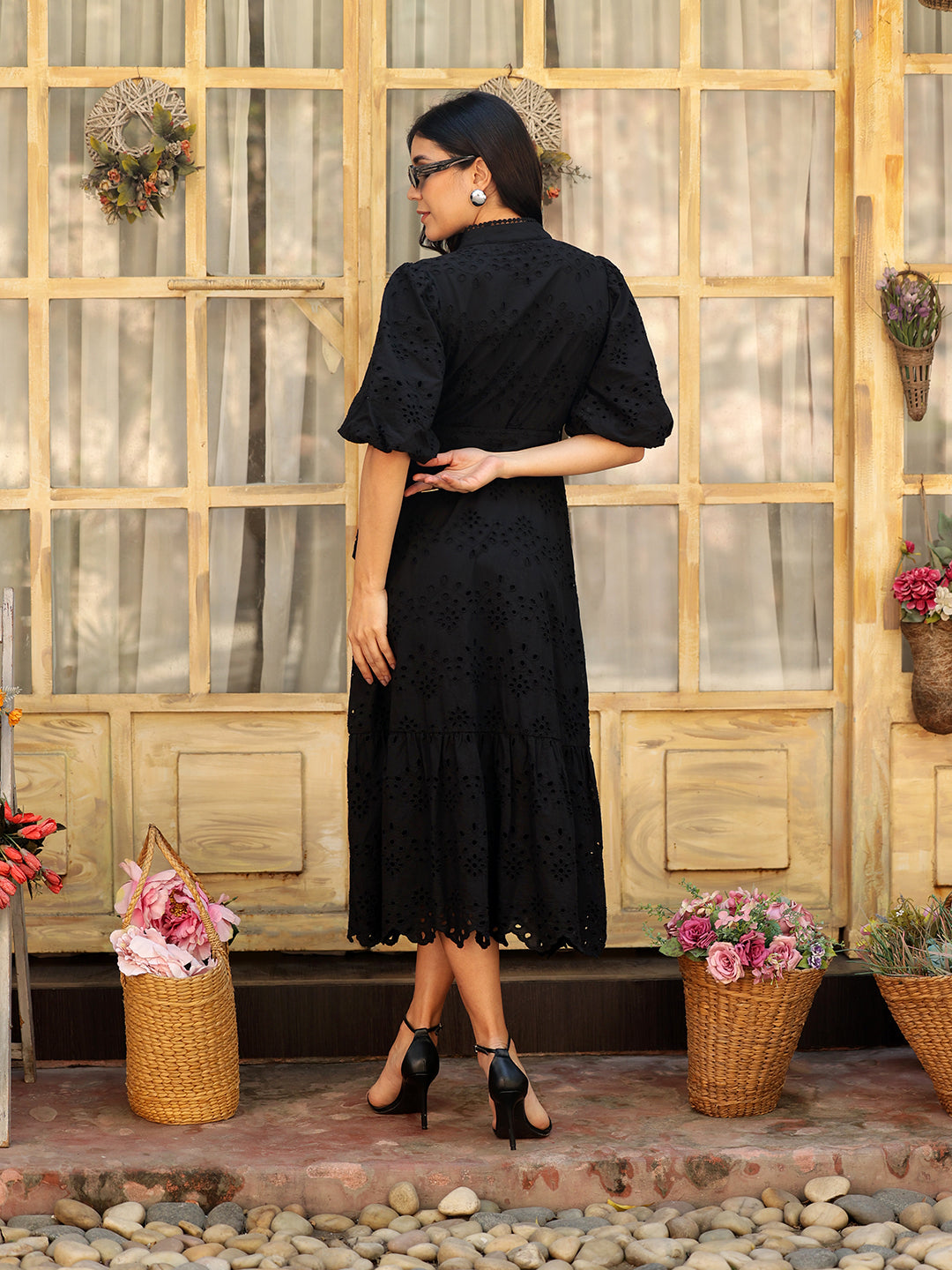 Black V-Neck Ballon Sleeve Maxi Dress In Schiffli With