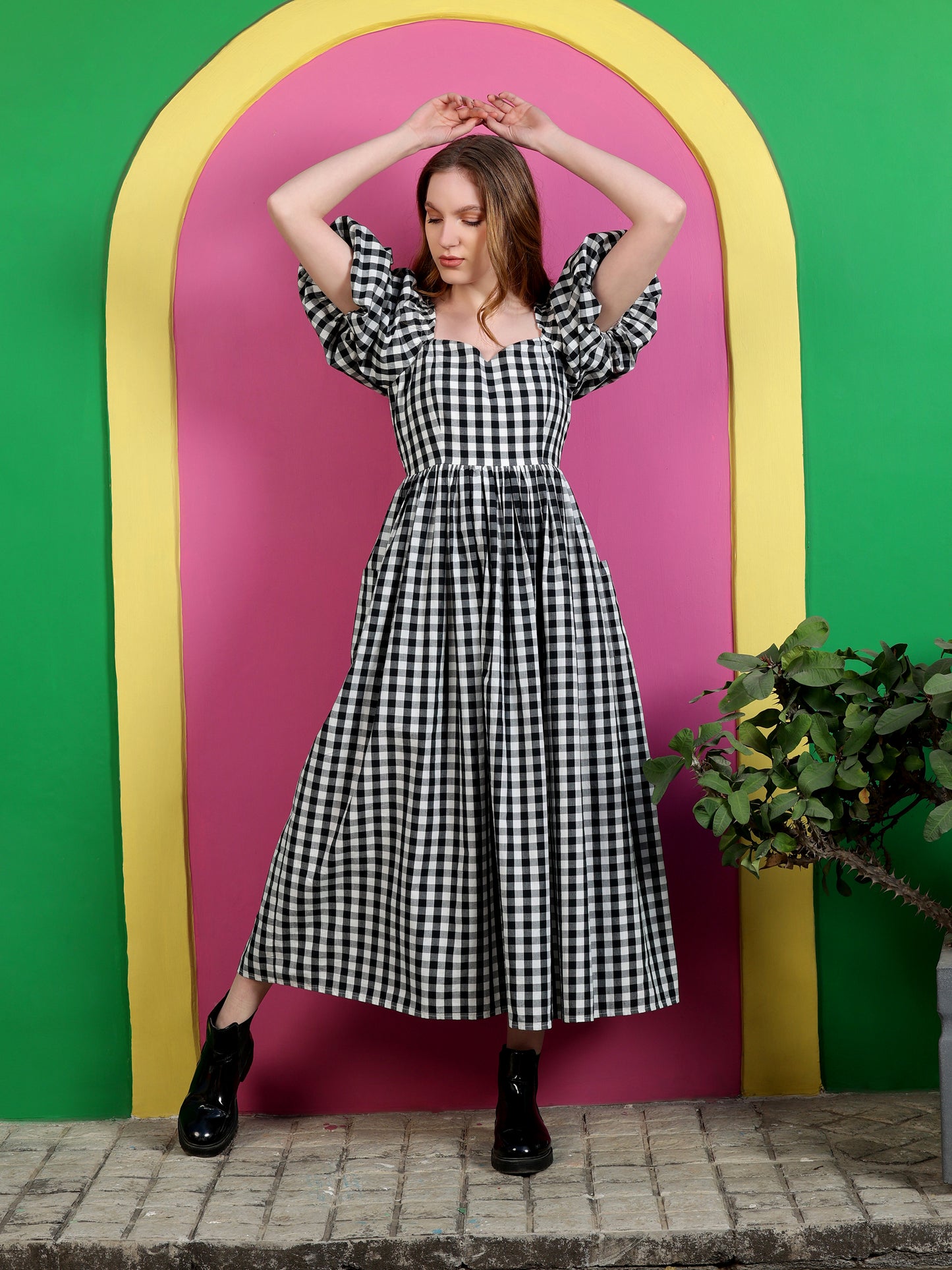 Black Gingham Check Balloon  Sleeve Dress