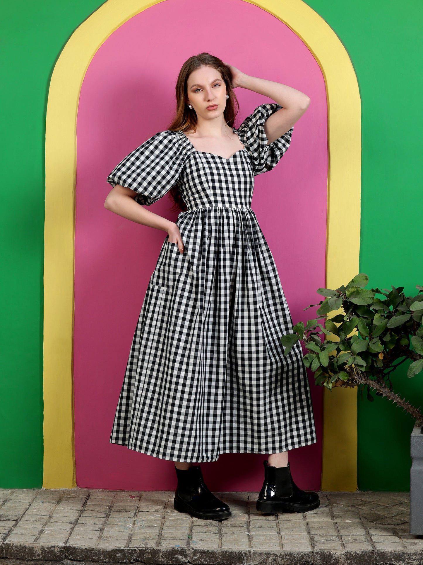 Black Gingham Check Balloon  Sleeve Dress