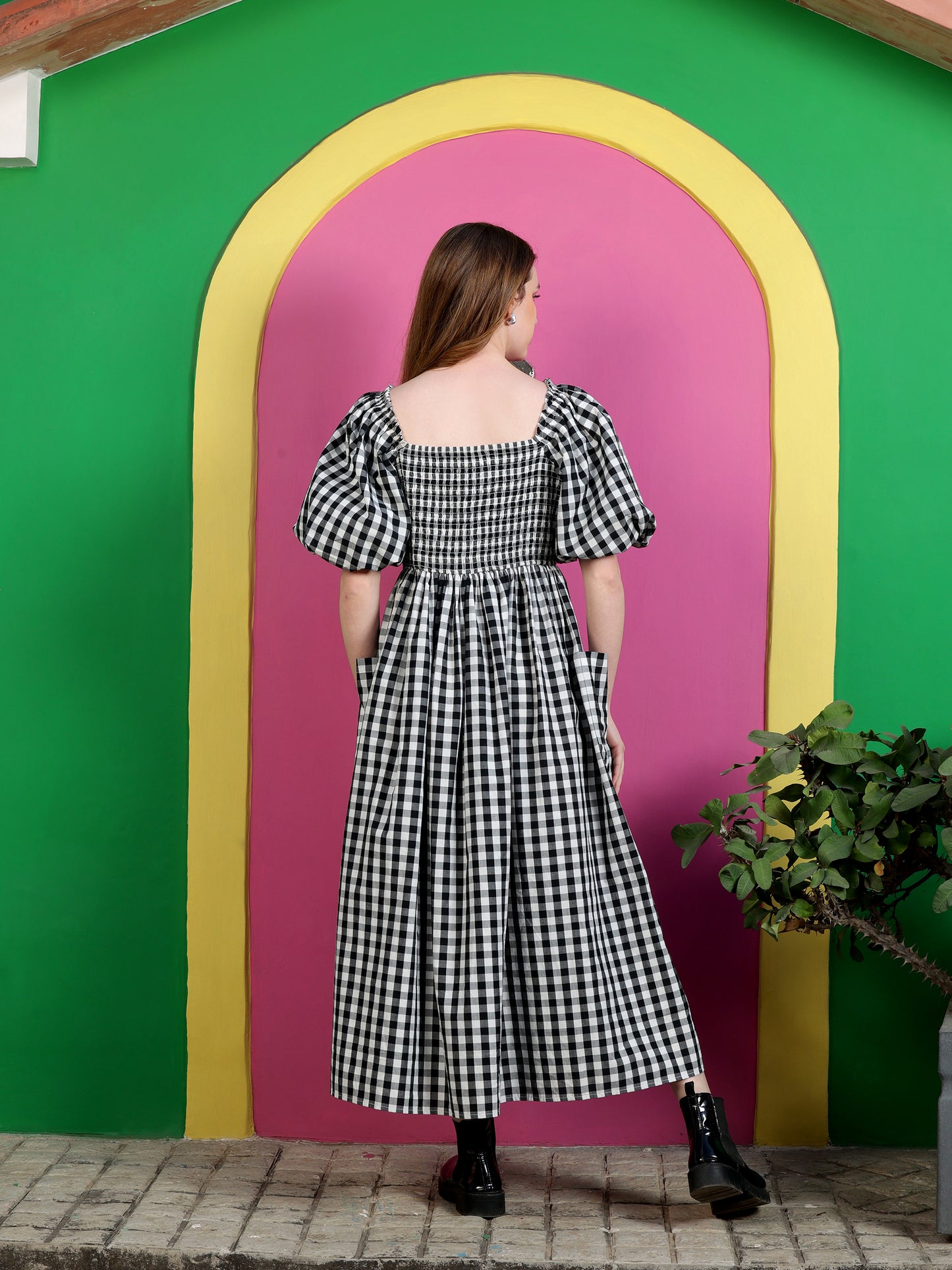 Black Gingham Check Balloon  Sleeve Dress