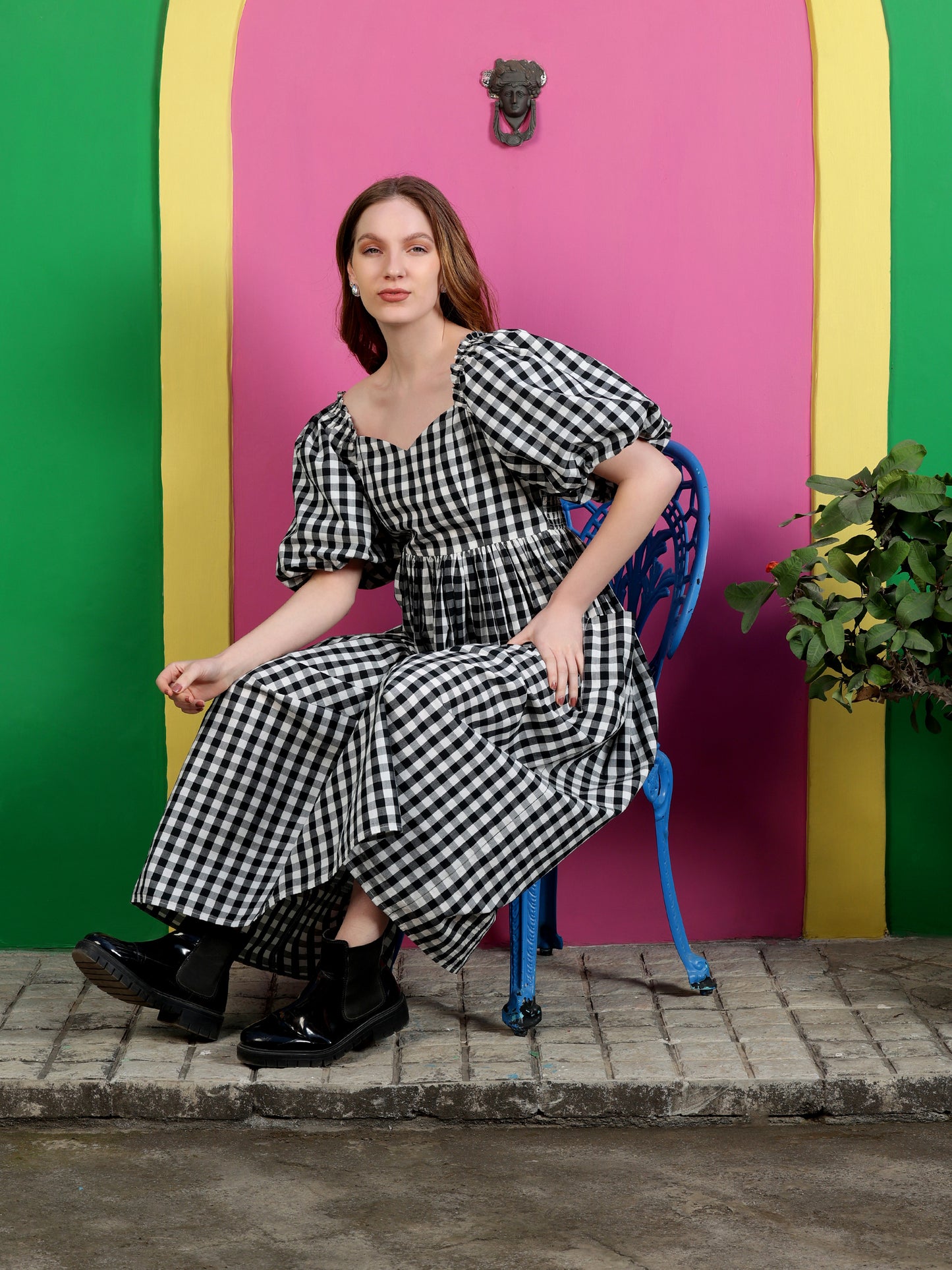 Black Gingham Check Balloon  Sleeve Dress