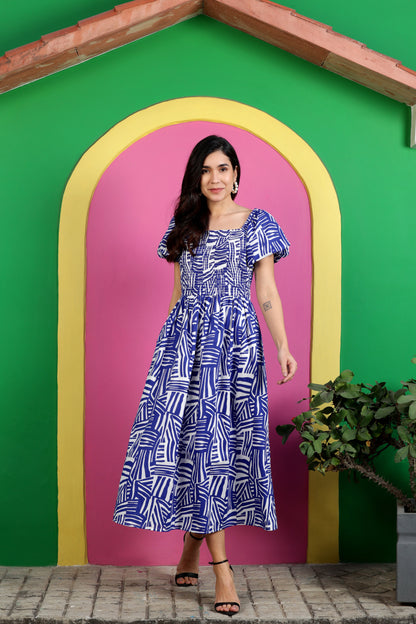 Blue Smoked Maxi Dress With Ballon Sleeve