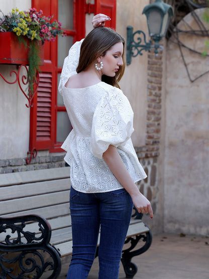 White Balloon Sleeve Schiffli Design Top