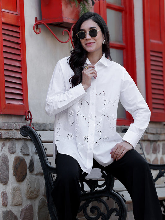 White Embroideried High Low Shirt