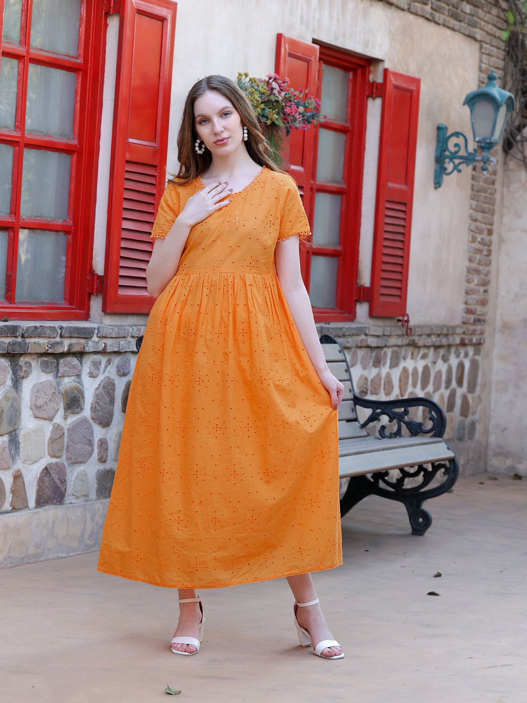 Mustard Schiffly Dress With Lace Detailing