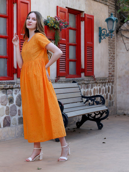 Mustard Schiffly Dress With Lace Detailing