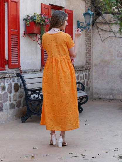 Mustard Schiffly Dress With Lace Detailing