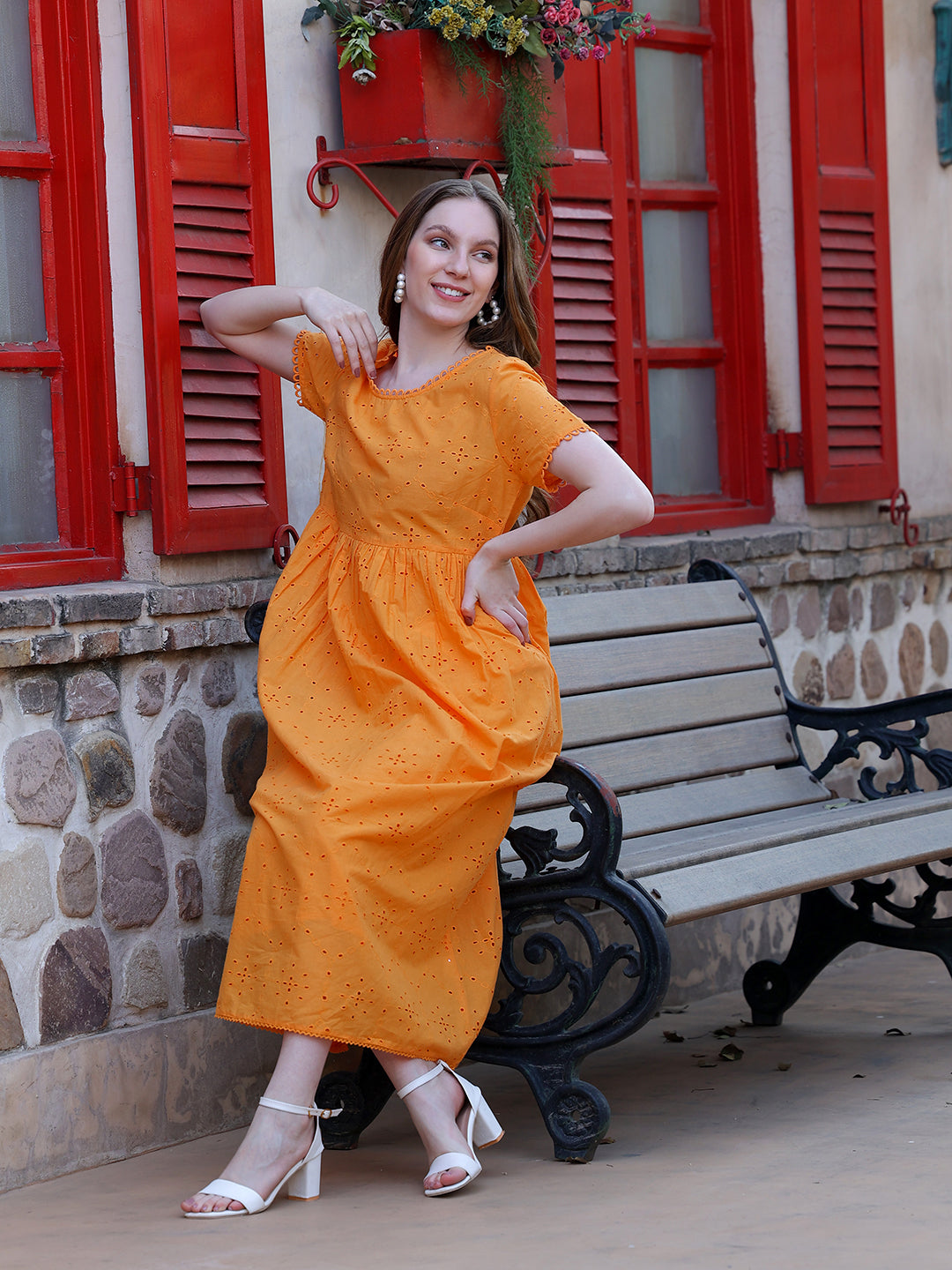 Mustard Schiffly Dress With Lace Detailing