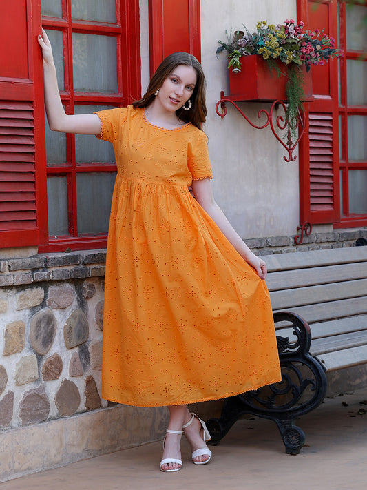 Mustard Schiffly Dress With Lace Detailing