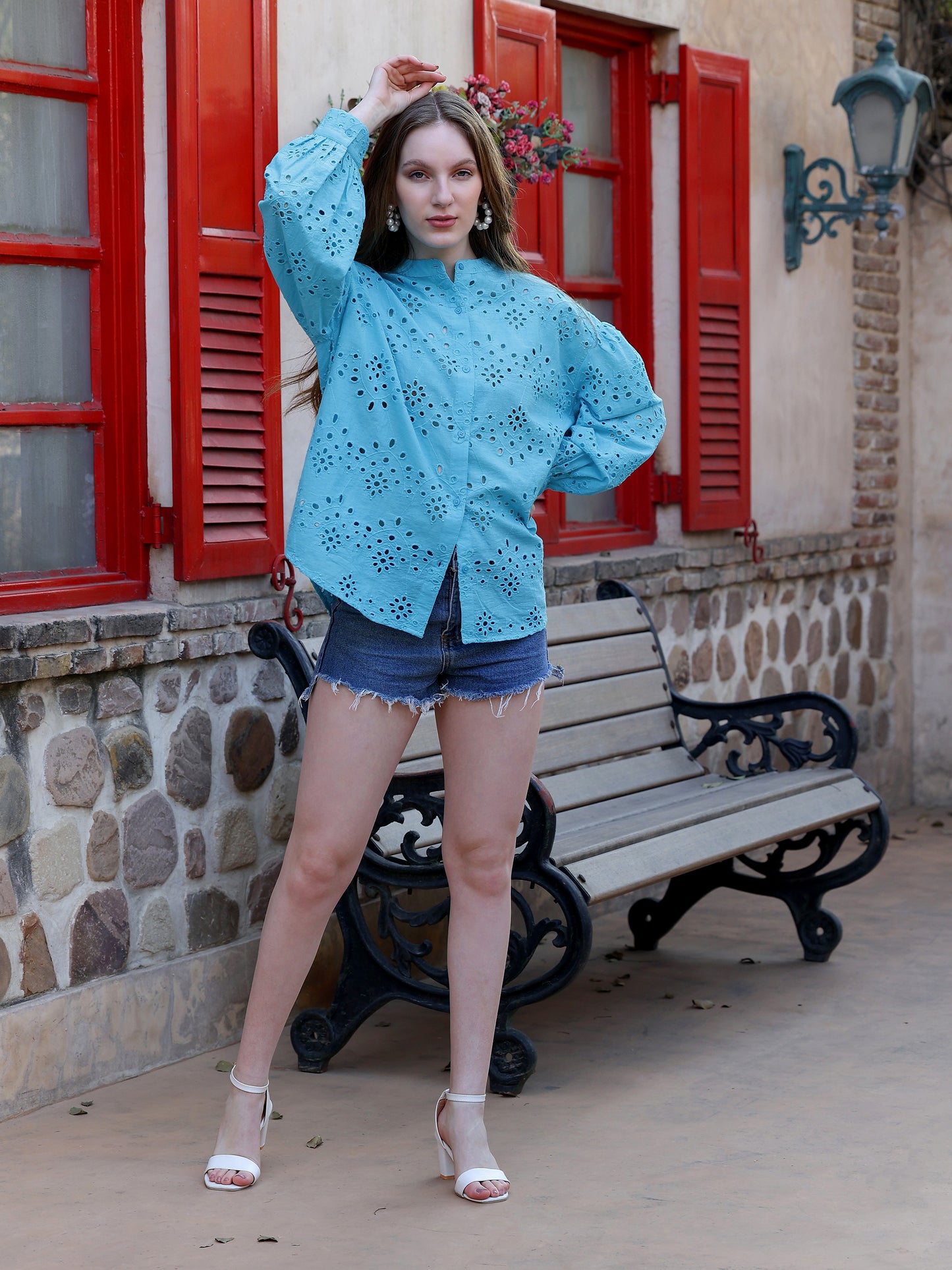 Turquoise Schiffli Embroideried Casual Shirt