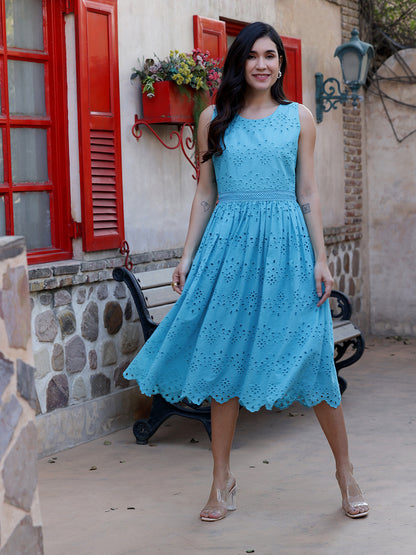 Turquoise Schiffli Embroidered Sleeveless Midi Dress