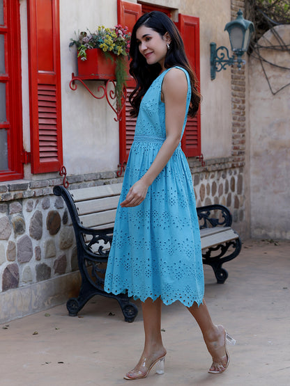 Turquoise Schiffli Embroidered Sleeveless Midi Dress