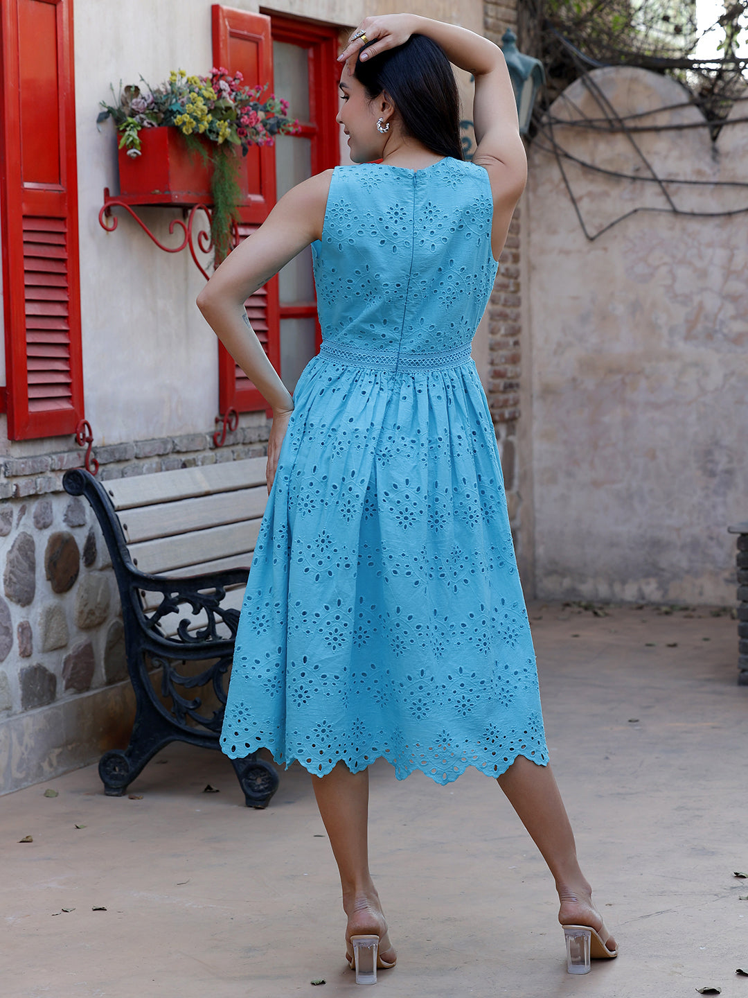 Turquoise Schiffli Embroidered Sleeveless Midi Dress