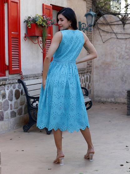 Turquoise Schiffli Embroidered Sleeveless Midi Dress