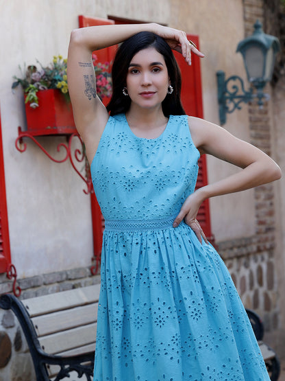 Turquoise Schiffli Embroidered Sleeveless Midi Dress